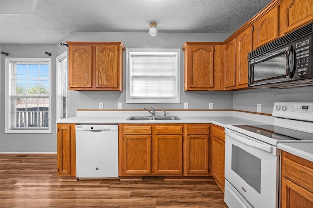 kitchen featuring a textured ceiling, sink, dark wood-type flooring, and white appliances