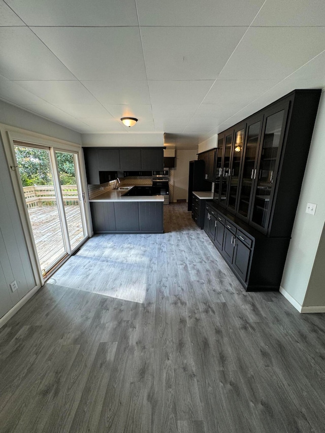 kitchen featuring sink, stainless steel oven, kitchen peninsula, and hardwood / wood-style flooring