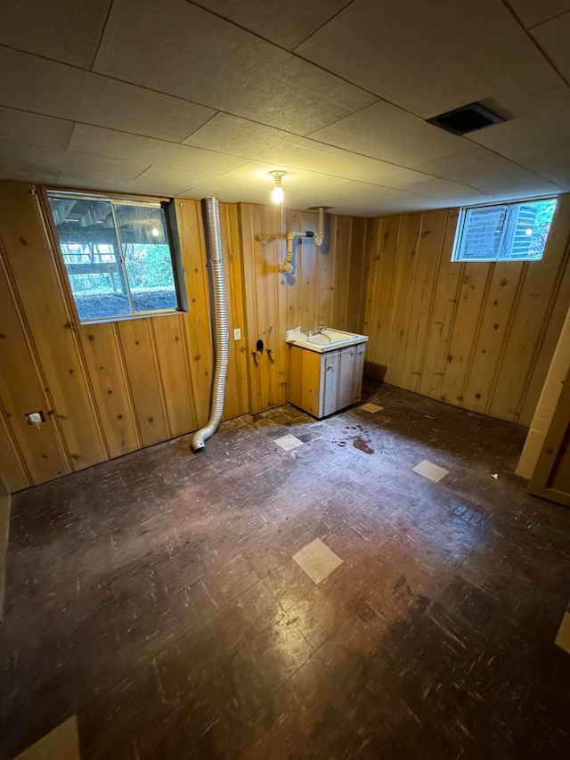 basement featuring wood walls