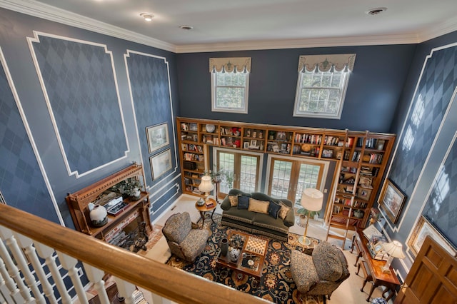 living room with crown molding