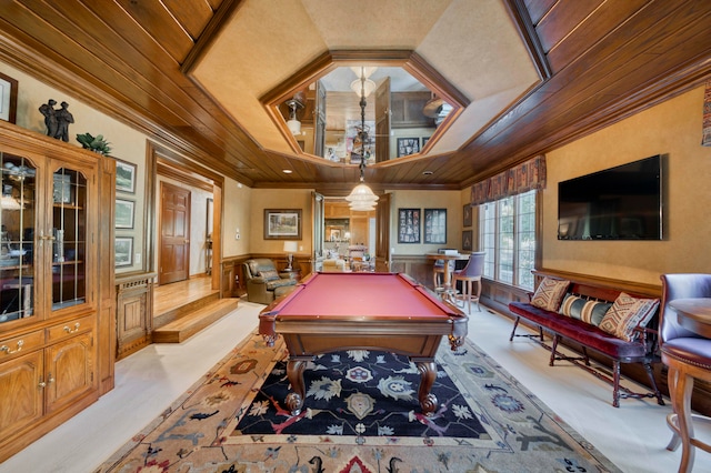 game room with wood ceiling, light carpet, pool table, and ornamental molding