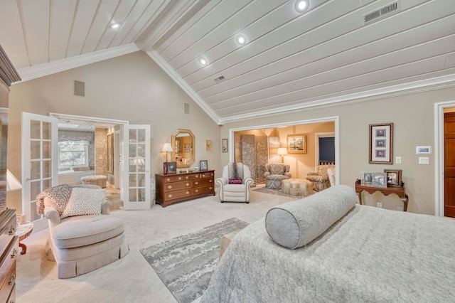 carpeted bedroom with wooden ceiling, beam ceiling, french doors, and ornamental molding