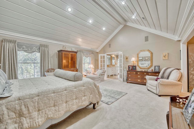 carpeted bedroom with high vaulted ceiling and crown molding