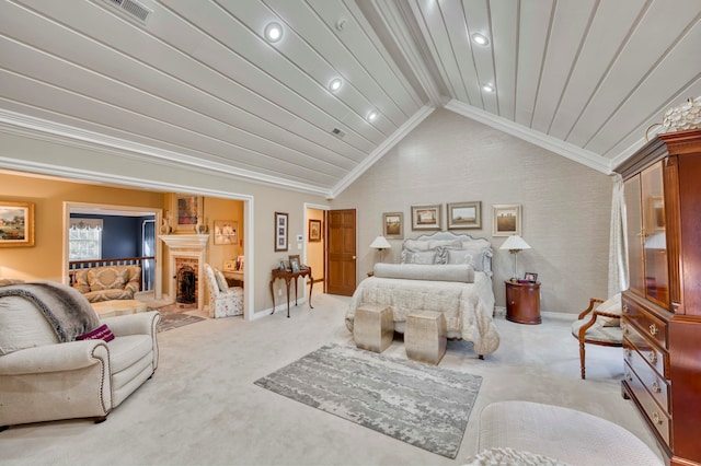 bedroom featuring lofted ceiling, light carpet, and crown molding