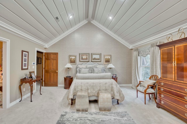 carpeted bedroom with vaulted ceiling with beams and ornamental molding