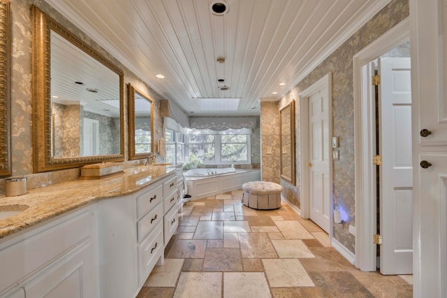 bathroom featuring wooden ceiling, a tub, vanity, and crown molding