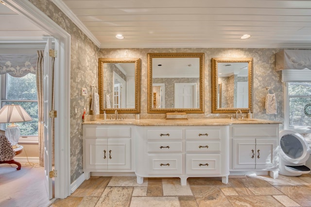 bathroom with vanity, wood ceiling, and plenty of natural light