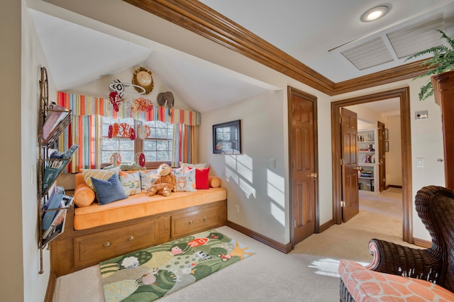 game room featuring ornamental molding, light colored carpet, and lofted ceiling