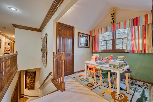 rec room featuring carpet, lofted ceiling, and ornamental molding