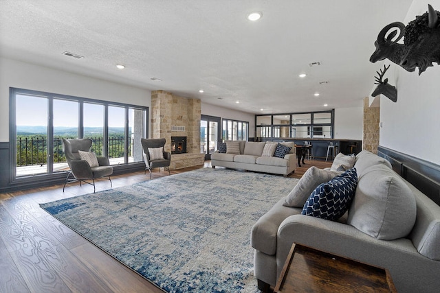 living room featuring wood-type flooring and a fireplace