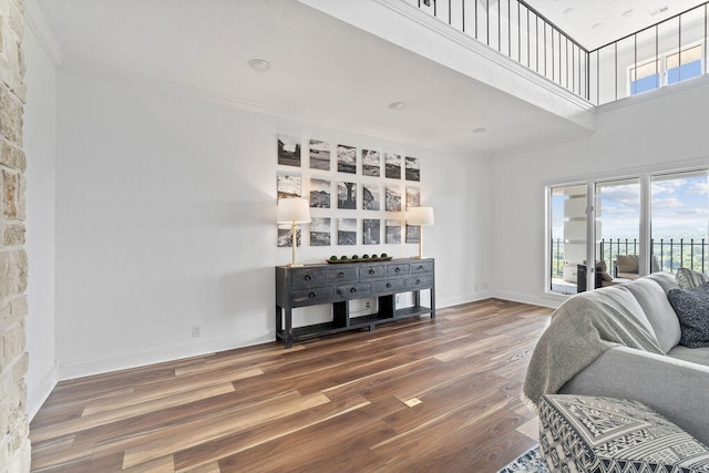 living room featuring a towering ceiling, hardwood / wood-style flooring, and ornamental molding