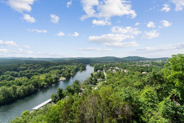 aerial view featuring a water and mountain view