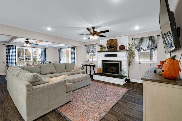 living room featuring ceiling fan, a fireplace, plenty of natural light, and dark hardwood / wood-style floors