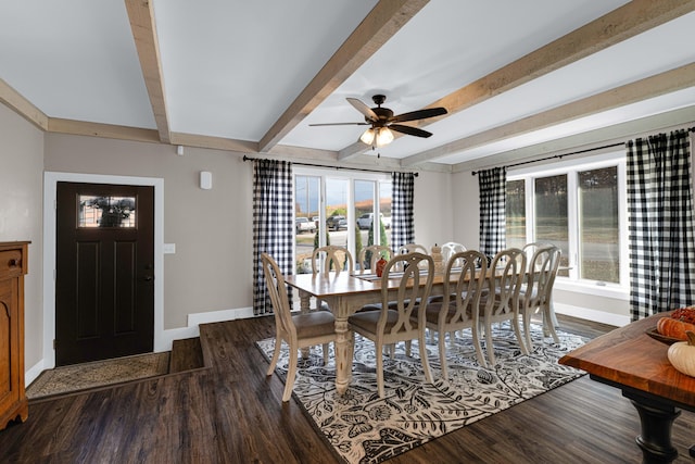 dining area with beamed ceiling, wood-type flooring, and plenty of natural light