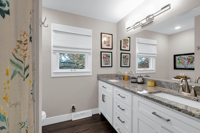 bathroom featuring vanity, toilet, a healthy amount of sunlight, and hardwood / wood-style flooring