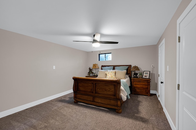 bedroom with dark carpet and ceiling fan