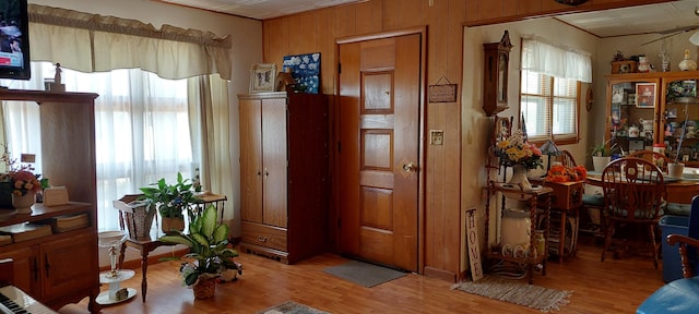 interior space featuring light hardwood / wood-style flooring and wooden walls