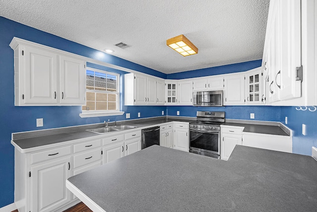 kitchen with a textured ceiling, appliances with stainless steel finishes, sink, and white cabinets