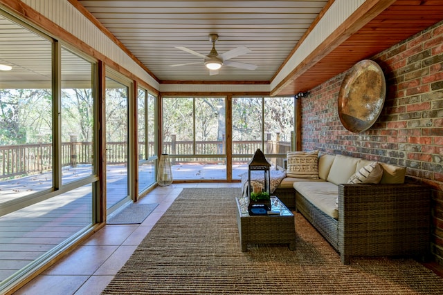 sunroom / solarium featuring ceiling fan and wood ceiling