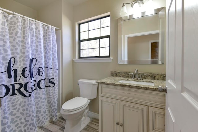 bathroom featuring wood-type flooring, toilet, and vanity