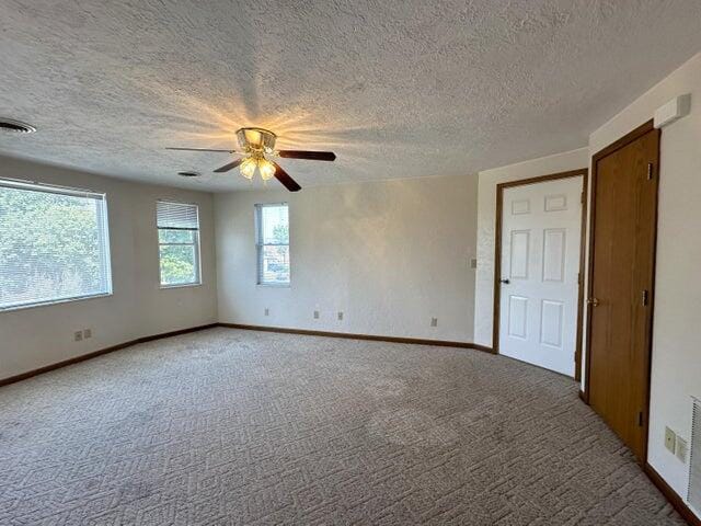 spare room with a wealth of natural light, a textured ceiling, and carpet flooring