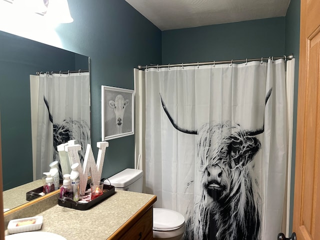 bathroom with toilet, vanity, and a shower with shower curtain