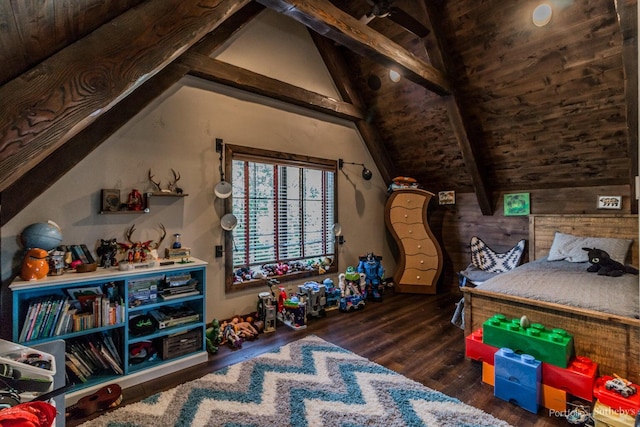 bedroom featuring dark wood-type flooring, wood ceiling, and vaulted ceiling with beams