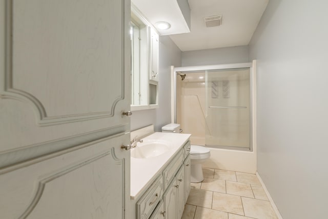 full bathroom with vanity, enclosed tub / shower combo, tile patterned floors, and toilet