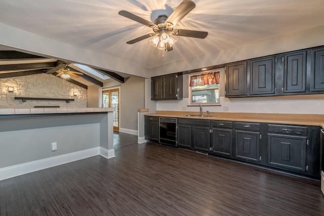 kitchen featuring dark hardwood / wood-style flooring, black dishwasher, sink, ceiling fan, and vaulted ceiling with skylight