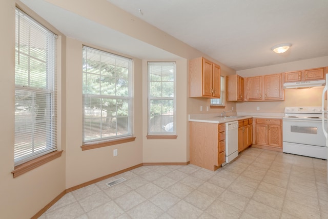 kitchen featuring light brown cabinetry, white appliances, and sink