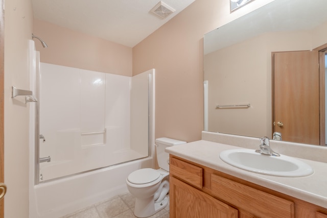 full bathroom with toilet, shower / tub combination, vanity, and tile patterned flooring