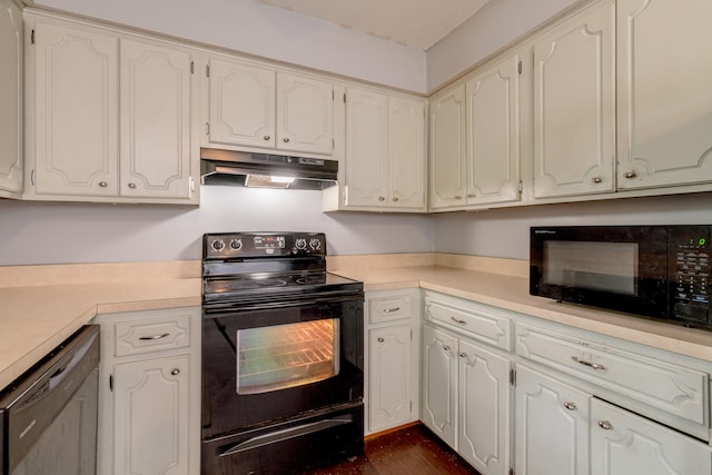 kitchen featuring white cabinetry, black appliances, and dark wood-type flooring