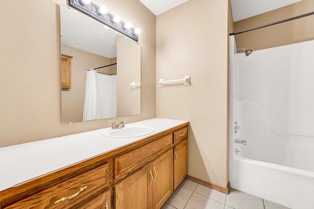 bathroom with vanity, tile patterned flooring, and shower / bathtub combination with curtain