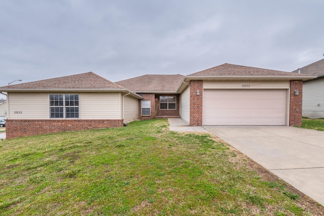 ranch-style home with a garage and a front yard