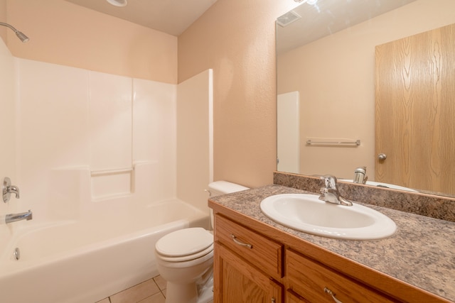 full bathroom with toilet, bathing tub / shower combination, vanity, and tile patterned flooring