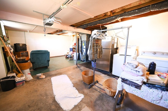 basement with stainless steel refrigerator