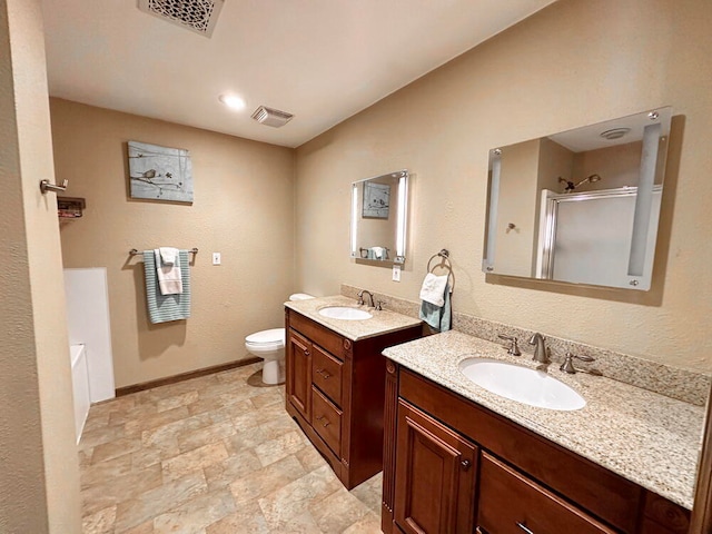 full bathroom featuring vanity, toilet, and plus walk in shower