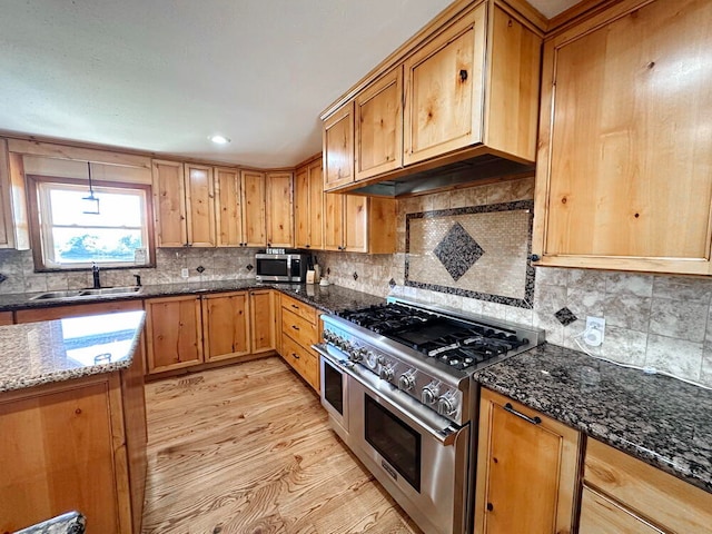 kitchen with stainless steel appliances, sink, dark stone countertops, and light hardwood / wood-style flooring