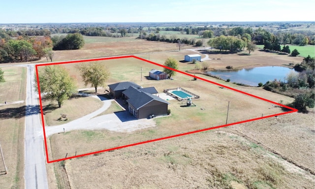 aerial view featuring a water view and a rural view