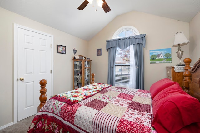 bedroom with lofted ceiling, carpet, and ceiling fan