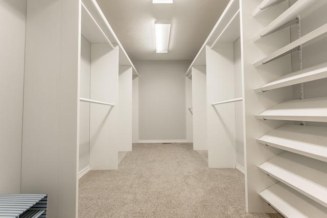 spacious closet featuring light colored carpet