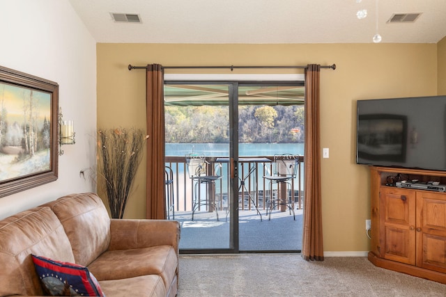 carpeted living room with a textured ceiling