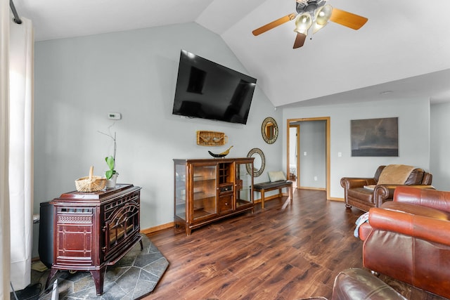 living room with vaulted ceiling, ceiling fan, and dark hardwood / wood-style flooring