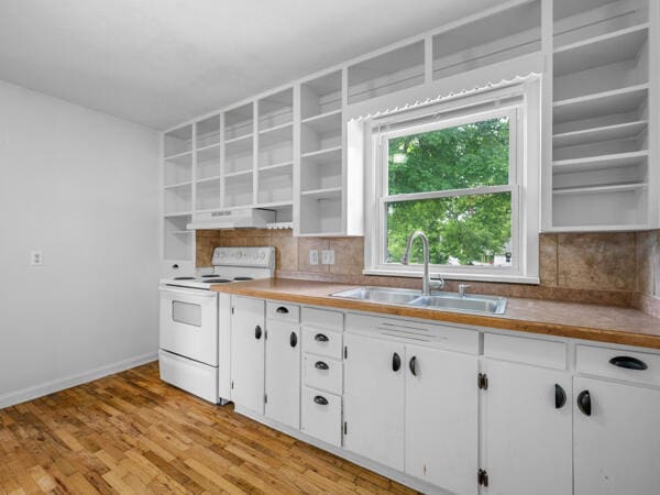 603 E Maupin St, Bolivar, MO 65613 - kitchen with open shelves, white range with electric stovetop, a sink, and white cabinetry