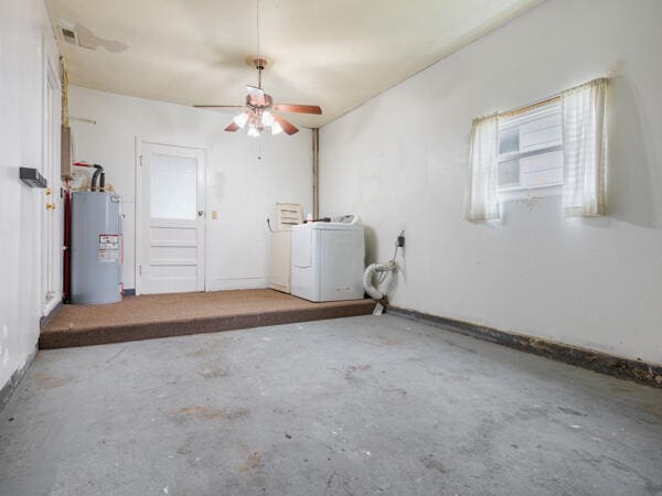 603 E Maupin St, Bolivar, MO 65613 - garage with electric water heater, washer / clothes dryer, and a ceiling fan