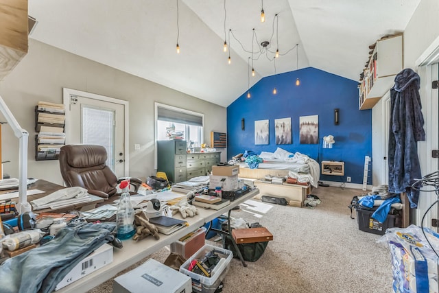 bedroom with high vaulted ceiling, carpet floors, and a notable chandelier