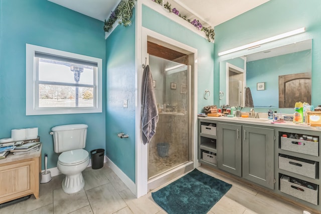 bathroom with tile patterned floors, vanity, toilet, and an enclosed shower