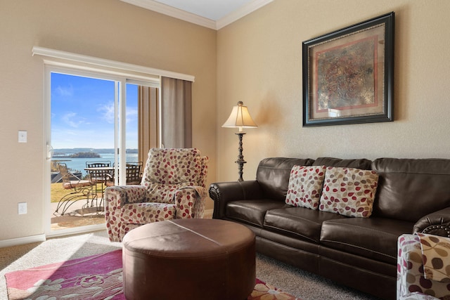 living room featuring a water view, crown molding, and carpet floors