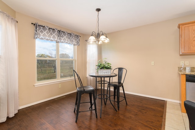 dining area featuring dark wood-type flooring and a chandelier