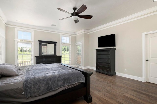 bedroom featuring ceiling fan, dark hardwood / wood-style floors, and ornamental molding